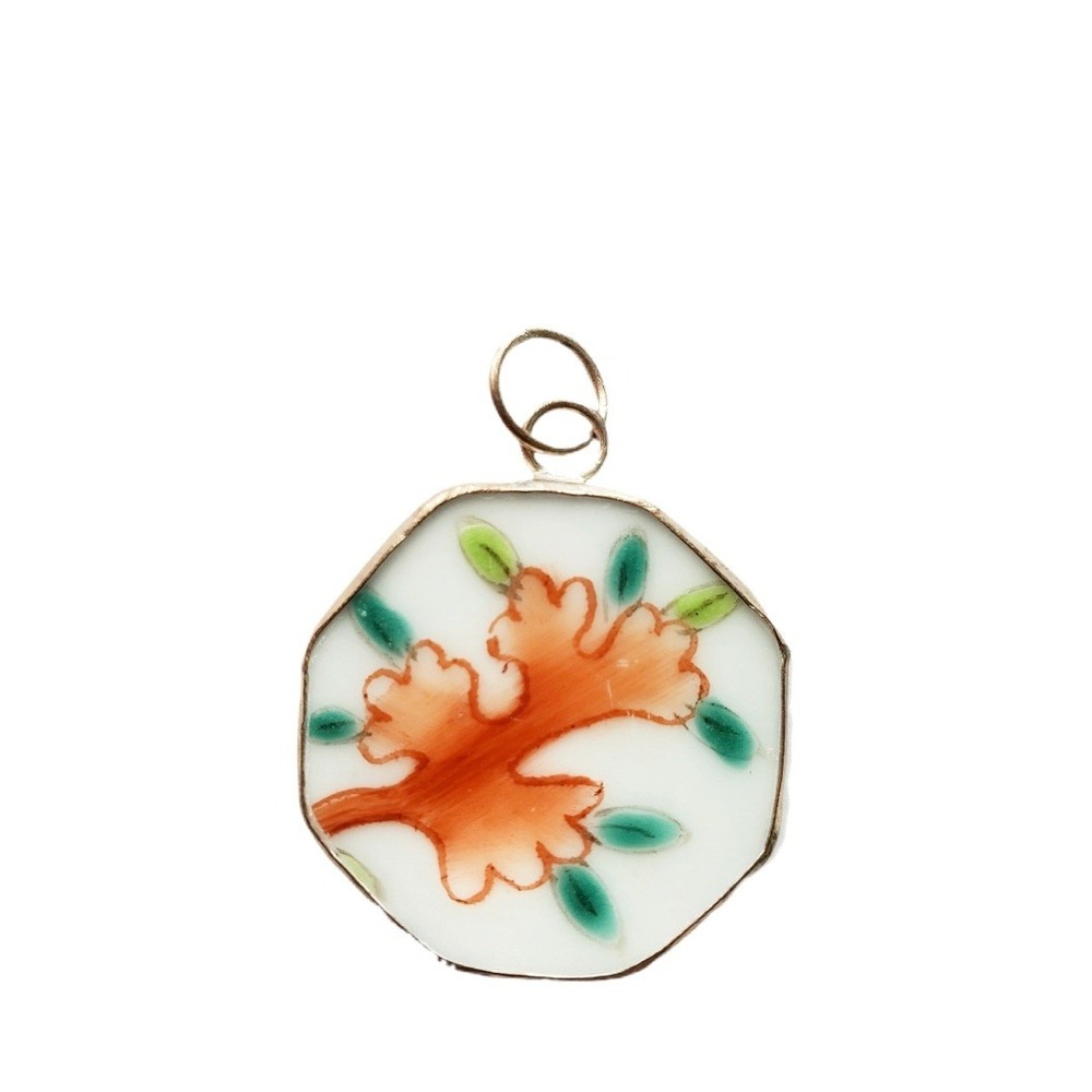 Vintage Hand Painted Porcelain Floral Octagon Pendant‎ Silver Tone Jewelry Focal